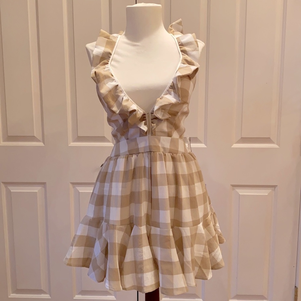 NWT! Gingham Checkered Tan Ruffle Romper